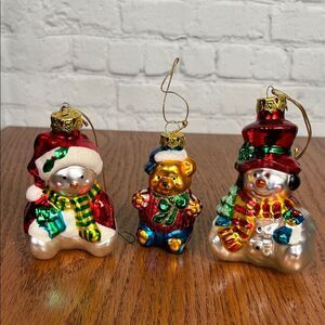 Holiday Time 2 Snowman and Bear Glass Ornament Set EUC